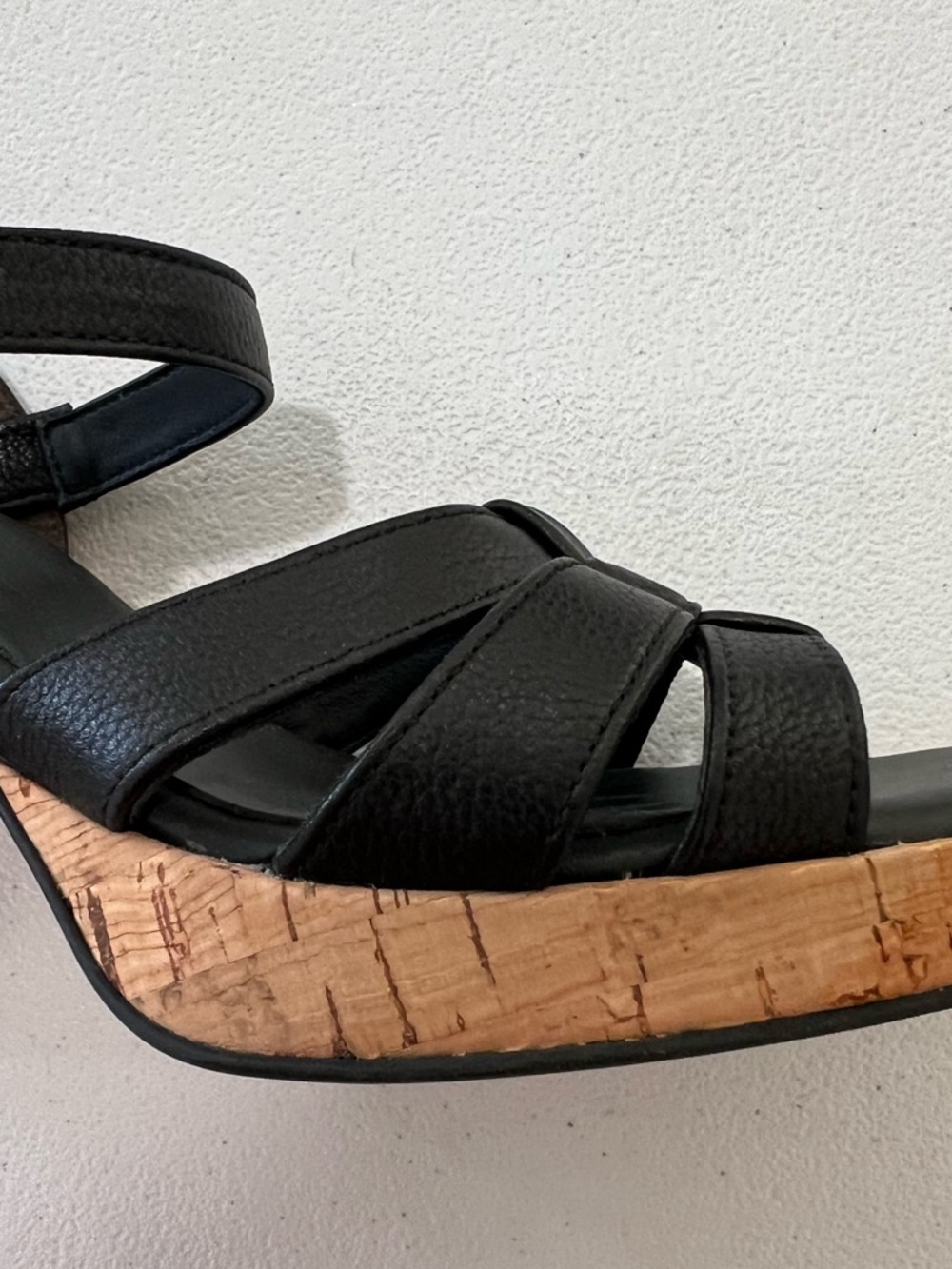 PAUL GREEN Black Leather Cork-Platform Strappy Sandals comfor insole 7 - Picture 6 of 13
